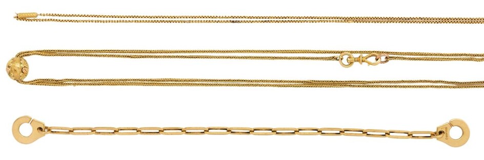 A gold bracelet by Dinhvan and two gold guard chains, the bracelet composed of fetter links, stamped Dinhvan, French assay marks, length 18.0cm; a gold rope link twin row guard chain with floral engraved ball clasp, French assay marks, length...