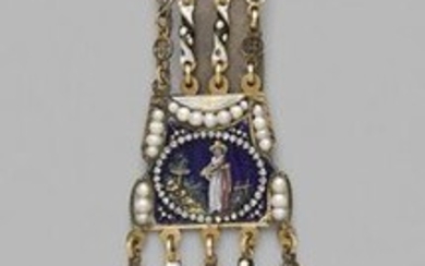 A gold castelaine, composed of blue and white...