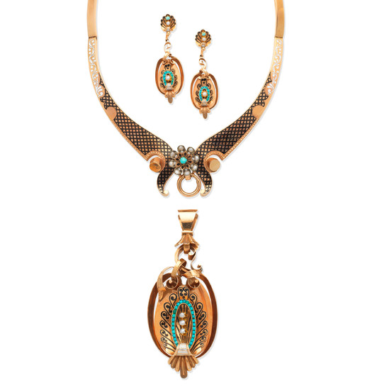 A gold, enamel, turquoise and seed pearl necklace, pendant and pendent earring suite