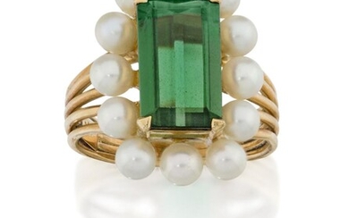 A green tourmaline and cultured pearl cluster ring, the rectangular-cut green tourmaline in claw-set mount with cultured pearl surround, to a reeded hoop, unmarked, approx. ring size P