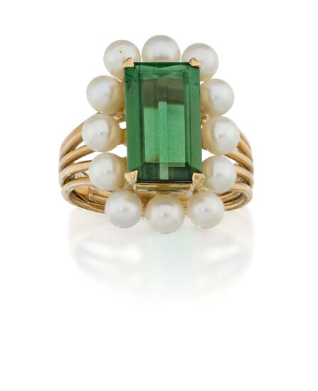 A green tourmaline and cultured pearl cluster ring, the rectangular-cut green tourmaline in claw-set mount with cultured pearl surround, to a reeded hoop, unmarked, approx. ring size P