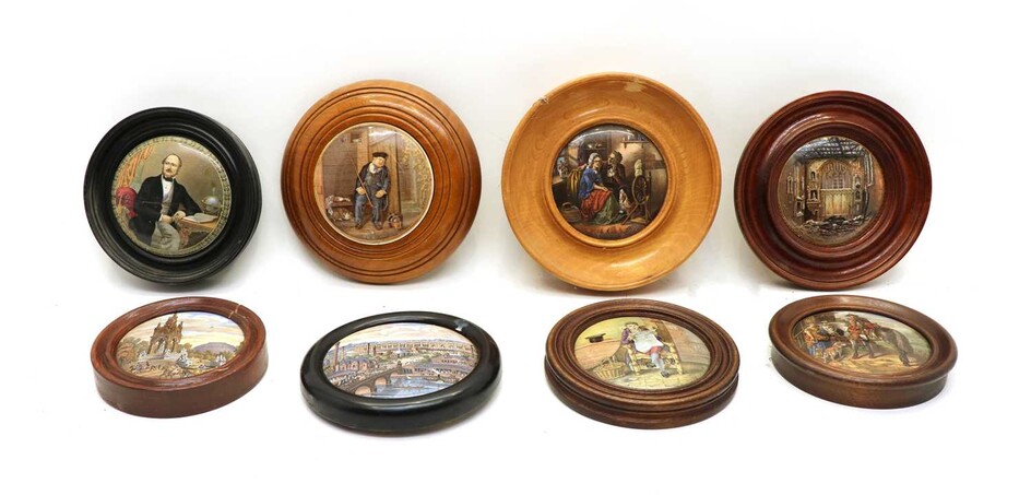 A group of eight framed 19th century colour printed pot lids