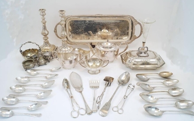 A group of silver plate, to include: a an oblong tray with presentation engraving and floral decoration to centre within gadrooned rim and floral handles, 63cm wide; a pair of silver plated candlesticks, with knopped stem and foliate repousse...