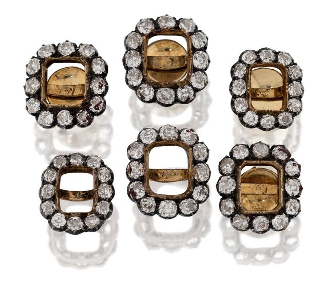 A group of six mid 19th century diamond mounts, each in the form of an old-brilliant-cut diamond rectangular cluster, the central stone deficient, later mounted with earstud fittings, approx. width of largest mount 1.8cm (6) (VAT charged on hammer...