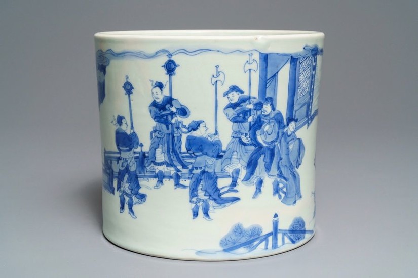 A large Chinese blue and white brush pot,...