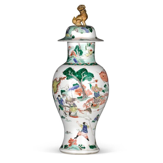 A large famille-verte 'equestrian scene' baluster vase and cover Qing Dynasty, Kangxi Period | 清康熙 五彩人物故事圖獅鈕蓋瓶