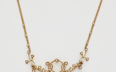 A late Victorian 14k gold and pearl necklace with detachable pendant brooch.
