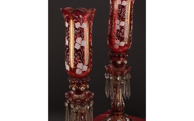 A pair of Bohemian cranberry flashed glass storm lantern can...