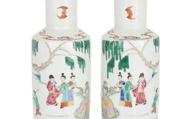 A pair of Chinese famille rose rouleau vases, Qing dynasty, 19th century,...