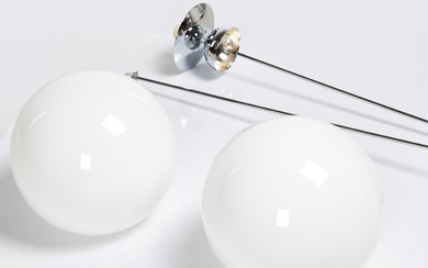 A pair of “Glob 3664" ceiling lamps, Konsthantverk AB, Tyringe, contemporary, globe in opal glass, chrome, label marking.