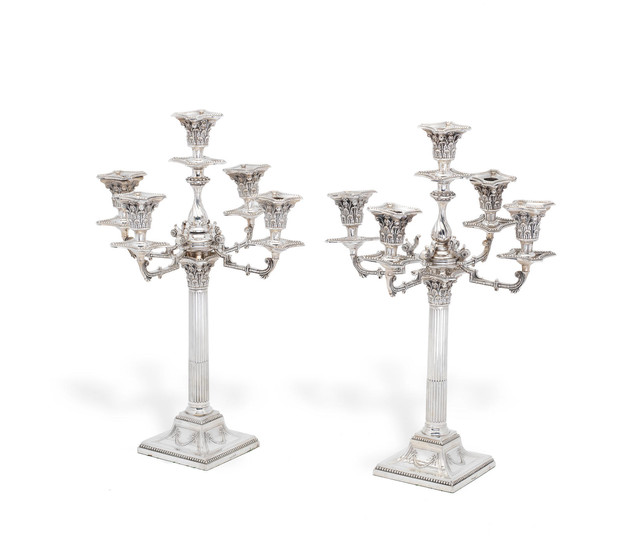 A pair of Victorian silver-plated five-light candelabra