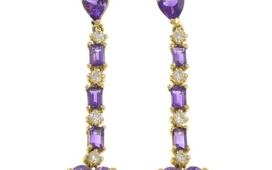A pair of amethyst and diamond earrings.Estimated total...
