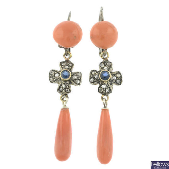 A pair of coral, sapphire and rose-cut diamond drop earrings.