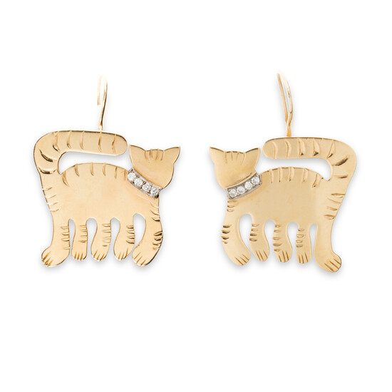 A pair of diamond and fourteen karat gold pendant earrings