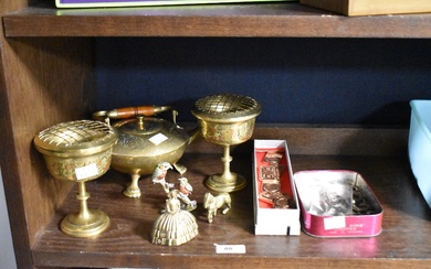 A pair of eastern brass footed rose bowls, a teapot, a box of coin bars, and other metalware
