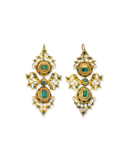 A pair of emerald pendent earrings, probably Iberian, early 18th century