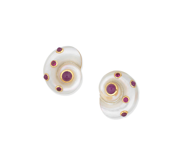 A pair of ruby shell earclips,, by Trianon for Seaman Schepps