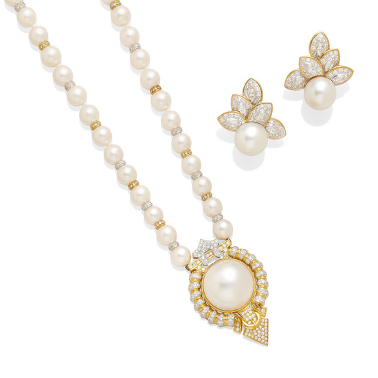 A pearl and diamond necklace together with a pair of pearl and diamond ear clips
