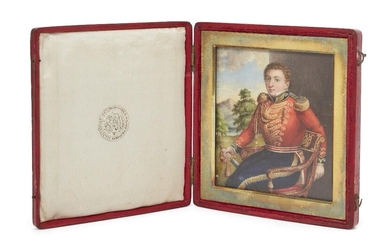 A portrait miniature on ivory of The Hon. Jeffery Amherst (1802-26), by "Mrs Solly", c.1820, with a gilt-bronze mount and fitted in glazed a red leather folding case, 11 x 9.2 cm Ivory registration submission reference: F2C6XZ5M Provenance: Sir...