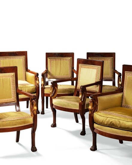 A set of parcel-gilt mahogany seat furniture, Empire | Suite de mobilier en acajou partiellement doré, d'époque Empire
