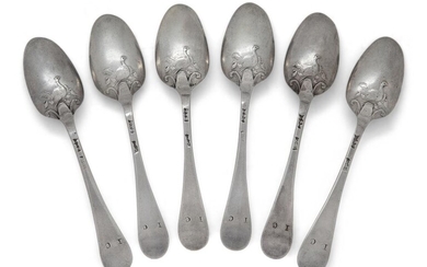 A set of six George III silver 'Hen and Chick' picture-back teaspoons, London, c.1765, William Shaw & William Priest, Hanoverian pattern, the reverse of each bowl with right-facing hen surrounded by chicks, the reverse of terminals engraved 'IC'...