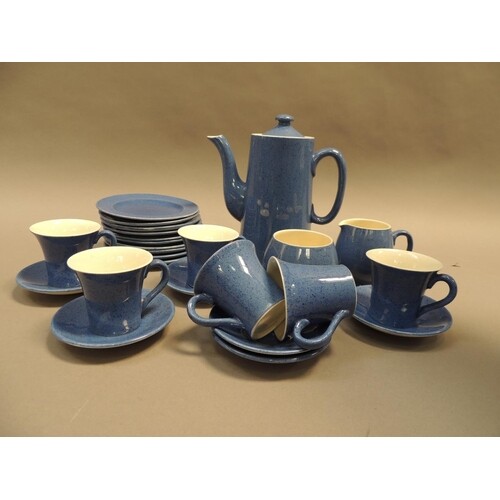 A set of six Moorcroft Powder Blue coffee pot, sugar bowl an...