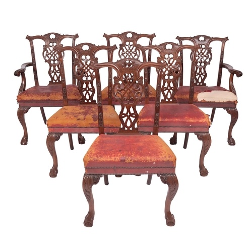 A set of six carved mahogany and leather upholstered dining ...