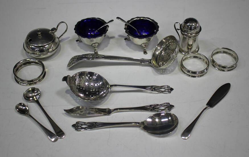 A small group of silver items, including a Victorian King's pattern sugar sifter ladle, London
