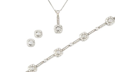 A suite of diamond set 14k white gold jewellery, comprising...