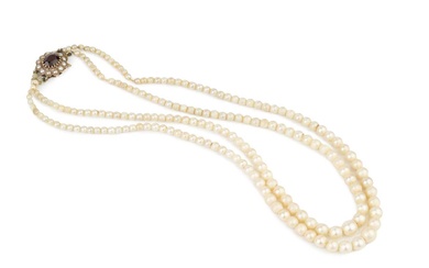 A twin strand graduated cultured pearl necklace, with shaped 9ct...