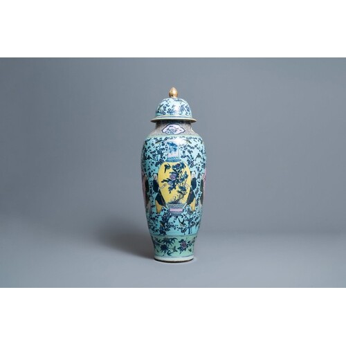 A very large Chinese famille rose turquoise-ground vase and ...