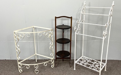 A vintage white painted wrought iron towel rail; a painted corner stand, a folding tray topped table