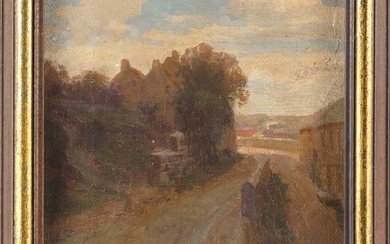 AMERICAN SCHOOL (Early 20th Century,), Road into town., Oil on canvas, 15" x 9.5". Framed 17" x