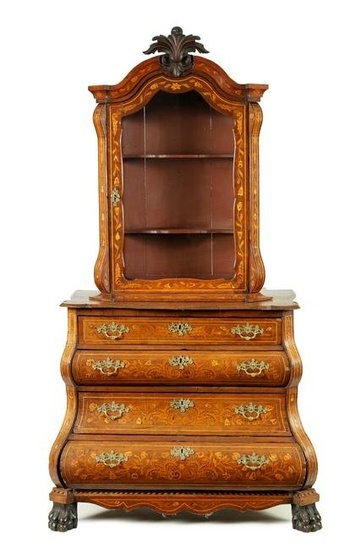 AN 18TH CENTURY WALNUT AND DUTCH FLORAL MARQUETRY GLAZED CABINET ON CHEST