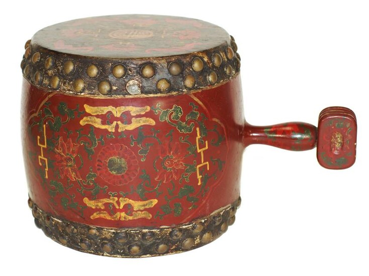 AN ANTIQUE CHINESE HAND-PAINTED CEREMONIAL DRUM, 20TH