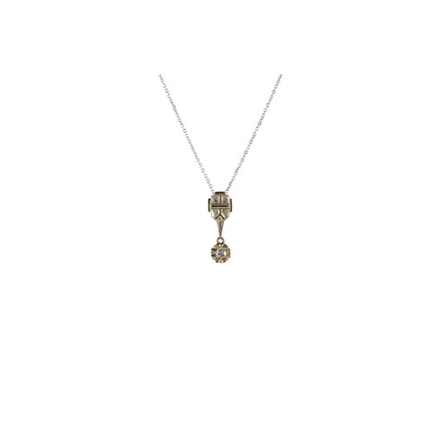 AN ANTIQUE DIAMOND DROP PENDANT, on a chain, mounted in 18ct...