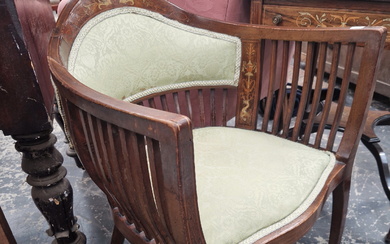 AN EDWARDIAN LINE INLAID MAHOGANY ARMCHAIR, THE ROUNDED PARTIALLY UPHOLSTERED BACK CRESTED BY A PAIR