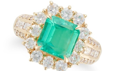 AN EMERALD AND DIAMOND CLUSTER RING set with an octagonal step cut emerald of 2.35 carats in a cl...