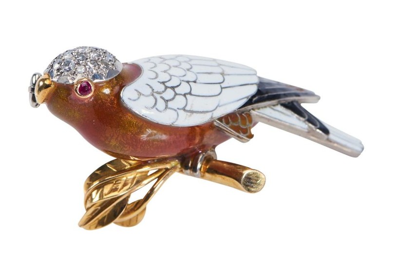 AN ENAMEL, DIAMOND AND RUBY BIRD BROOCH - Modelled as a parrot with a diamond set head and ruby set eyes, finished with white, black...