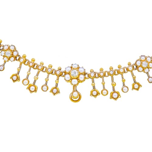 ANTIQUE VICTORIAN PEARL AND DIAMOND NECKLACE, the center lin...