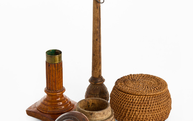 ANTIQUE WOODEN OBJECTS, 4 pieces, string holder, candlestick, besman, root basket, 1700/19th century.