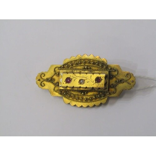 ANTIQUE YELLOW METAL, TESTS 15ct GOLD RUBY & DIAMOND BROOCH,...
