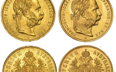 AUTRICHE. FRANZ JOSEPH, 1848-1916. Lot de deux pièces. 8 Florins/20 Francs 1892 (repeint, 2 exemplaires)....