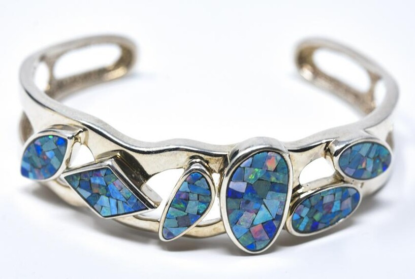 Abstract Design Sterling Opal Mosaic Cuff Bracelet