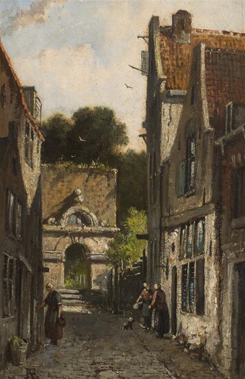 Adrianus Eversen (1818-1897), Figuren in straatje, gemonogrammeerd l.o., olieverf op...