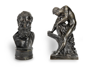After the Antique: A 19th century patinated bronze figure of Milo of Croton together with a similar period patinated bronze bust of a philosopher