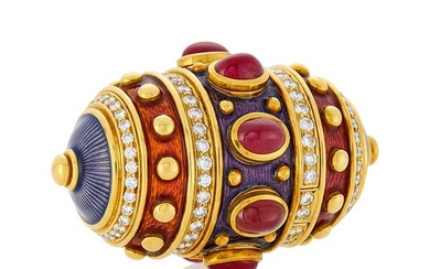 Amr Ghassan Shaker Gold, Purple and Orange Guilloché Enamel, Cabochon Ruby and Diamond Cylinder