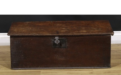 An 18th century oak six-plank boarded table box, hinged top,...