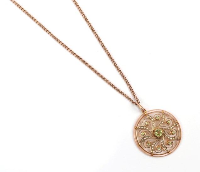 An Early 20th Century Peridot and Seed Pearl Pendant on...