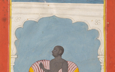 An ascetic seated on a dais on a terrace, performing...